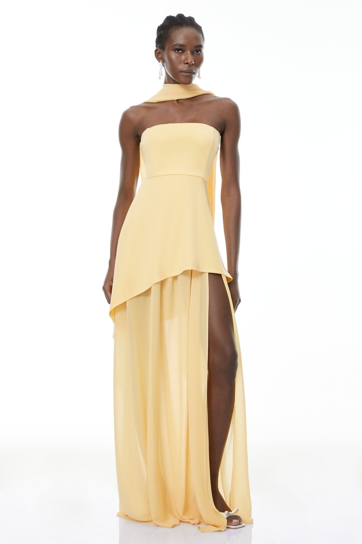 Aurohaya Solène Yellow Off-Shoulder Ruched Maxi Gown
