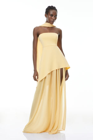 Aurohaya Solène Yellow Off-Shoulder Ruched Maxi Gown