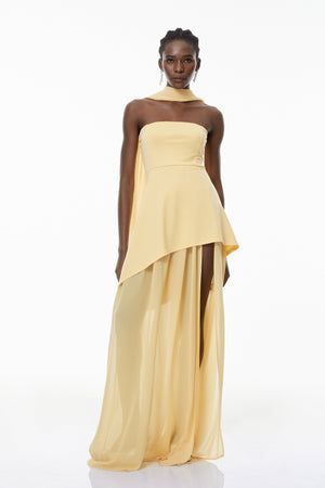 Aurohaya Solène Yellow Off-Shoulder Ruched Maxi Gown