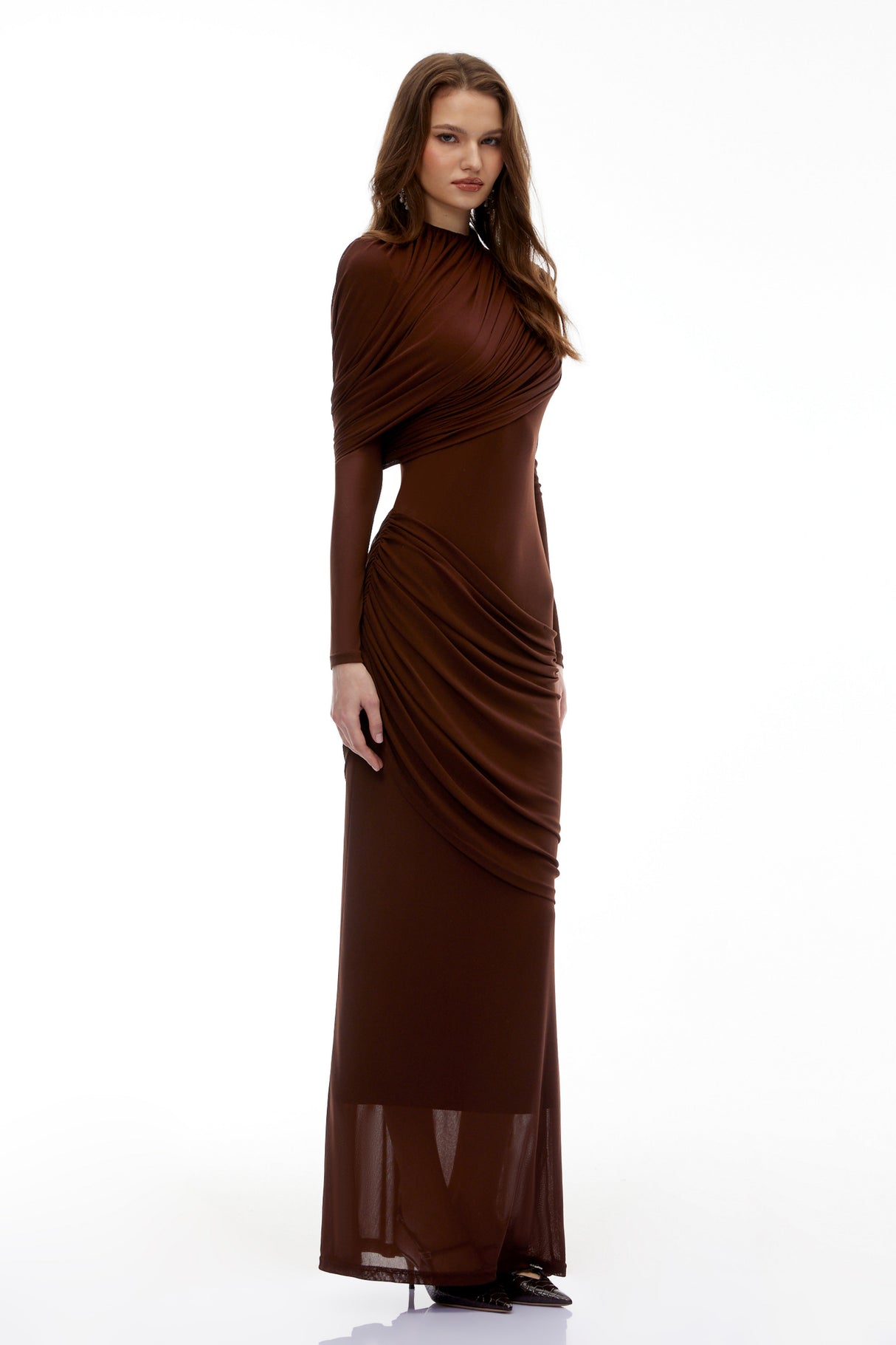 Aurohaya Sophia Chocolate Brown Draped Jersey Maxi Dress