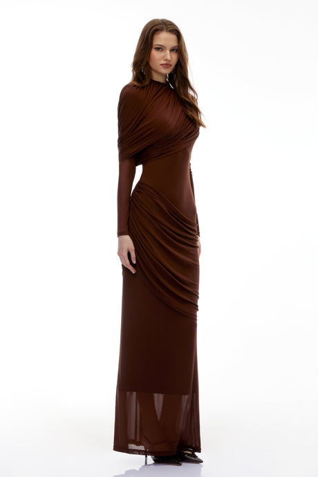 Aurohaya Sophia Chocolate Brown Draped Jersey Maxi Dress