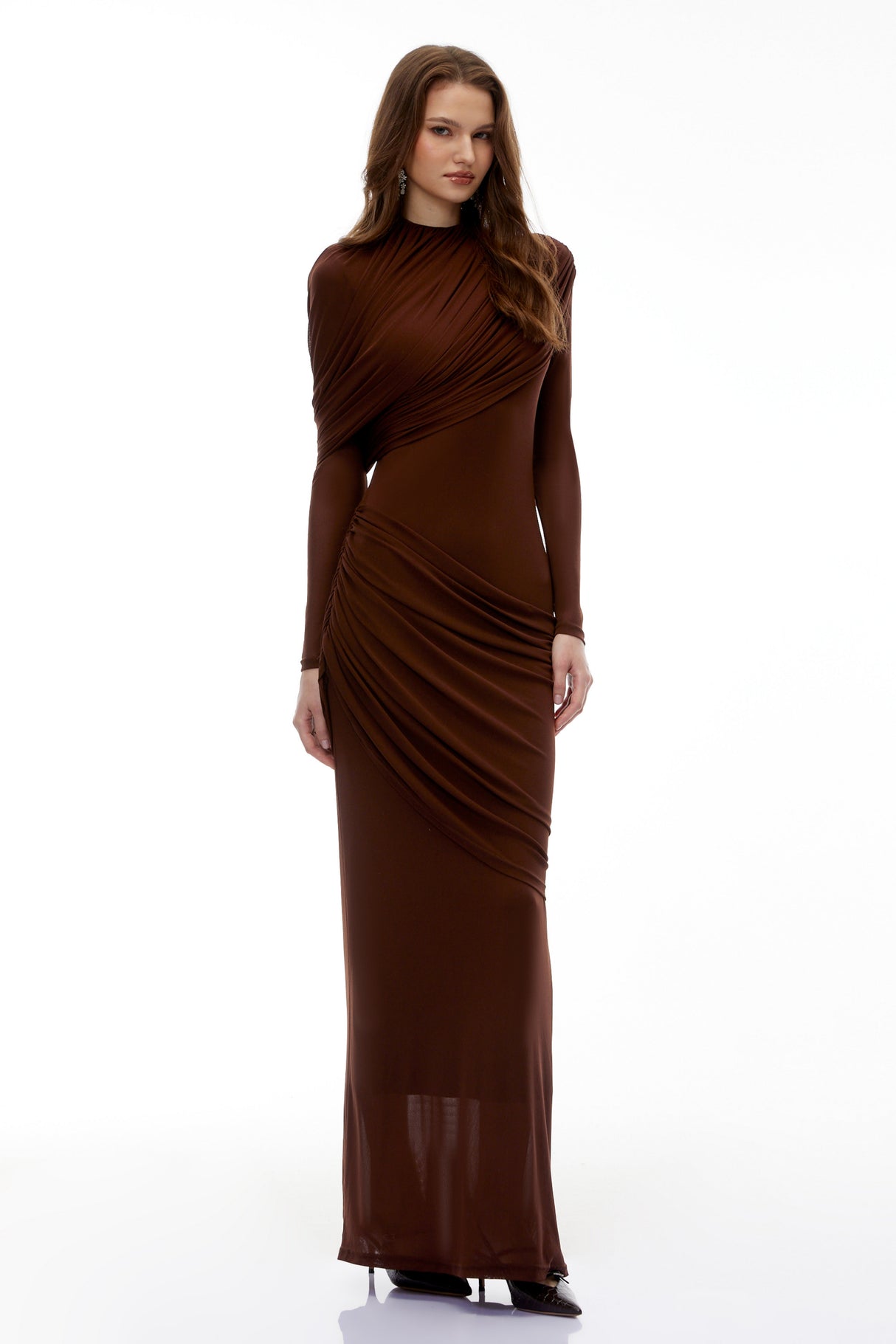 Aurohaya Sophia Chocolate Brown Draped Jersey Maxi Dress