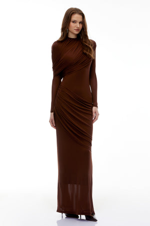 Aurohaya Sophia Chocolate Brown Draped Jersey Maxi Dress