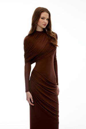 Aurohaya Sophia Chocolate Brown Draped Jersey Maxi Dress