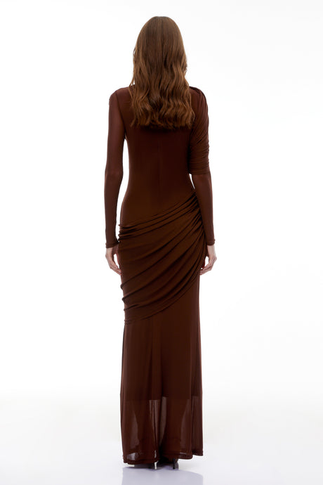 Aurohaya Sophia Chocolate Brown Draped Jersey Maxi Dress