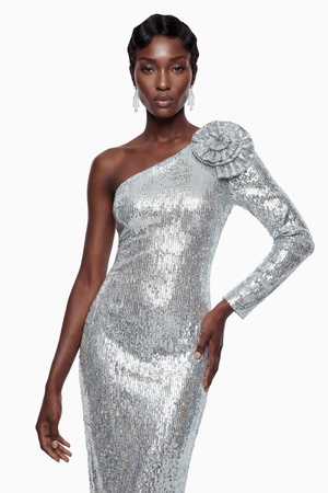 Aurohaya Sophia Silver Sequin Corset Maxi Dress with 3D Petals