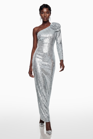 Aurohaya Sophia Silver Sequin Corset Maxi Dress with 3D Petals