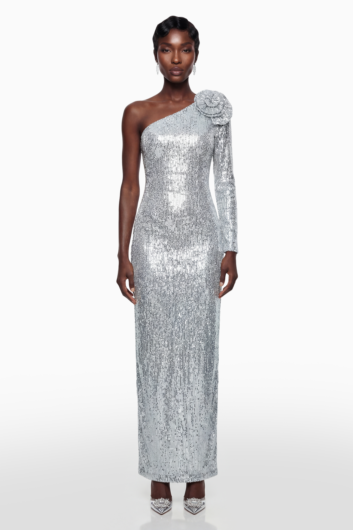 Aurohaya Sophia Silver Sequin Corset Maxi Dress with 3D Petals