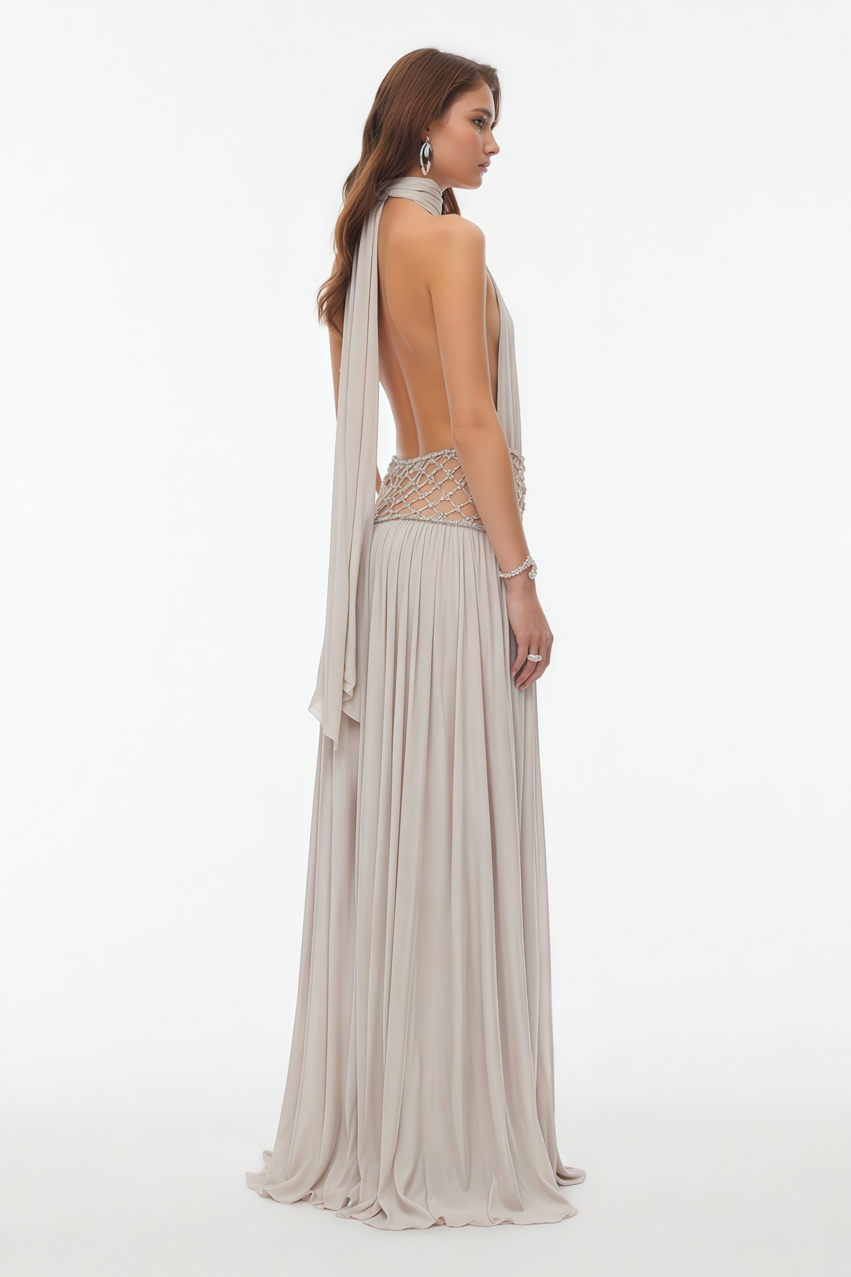 Aurohaya Sophie Almond Grey Embellished Ruched Maxi Dress