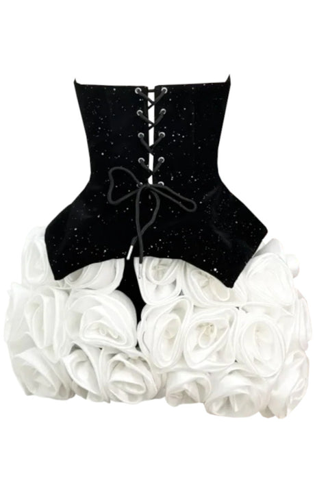 Sparkly Strapless Floral Corset Dress Black White