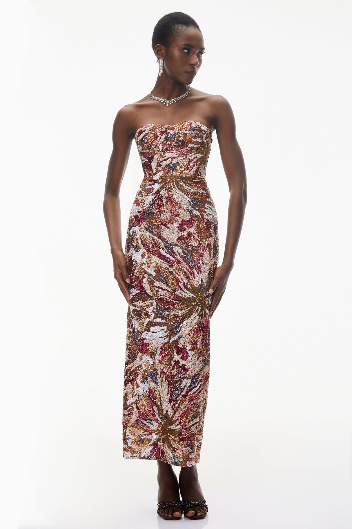 Aurohaya Stefania Pink Off Shoulder Floral Embroidered Maxi Dress