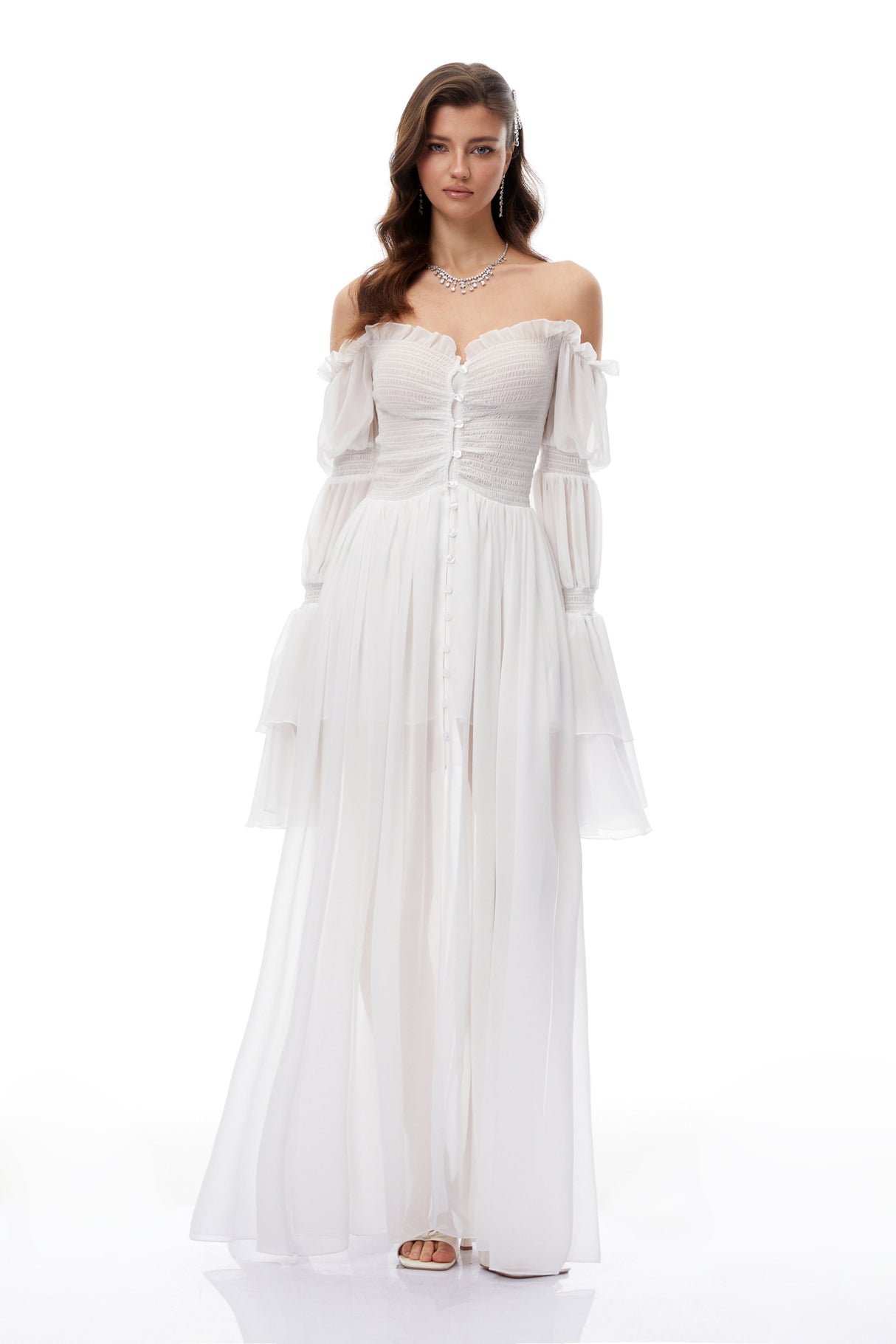 Aurohaya Stefania White Smocked Shirred Chiffon Maxi Dress