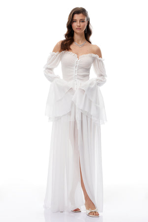Aurohaya Stefania White Smocked Shirred Chiffon Maxi Dress