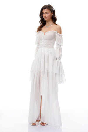 Aurohaya Stefania White Smocked Shirred Chiffon Maxi Dress