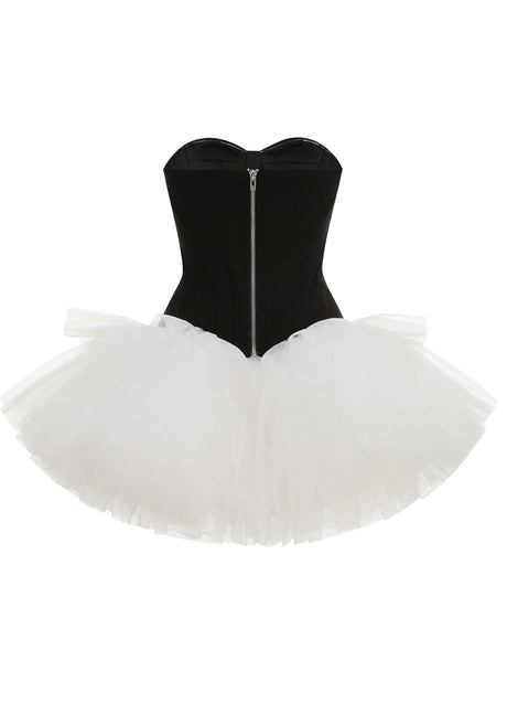 Strapless A Line Mesh Dress Black White