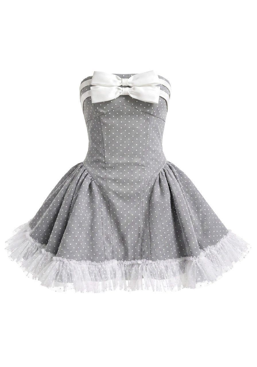 Strapless Bow Detail A Line Dress Grey White