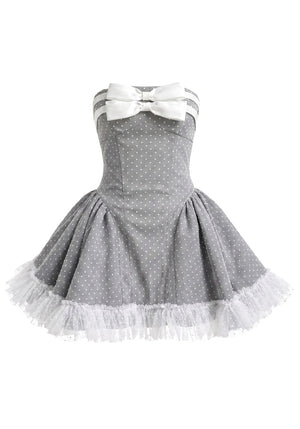 Strapless Bow Detail A Line Dress Grey White