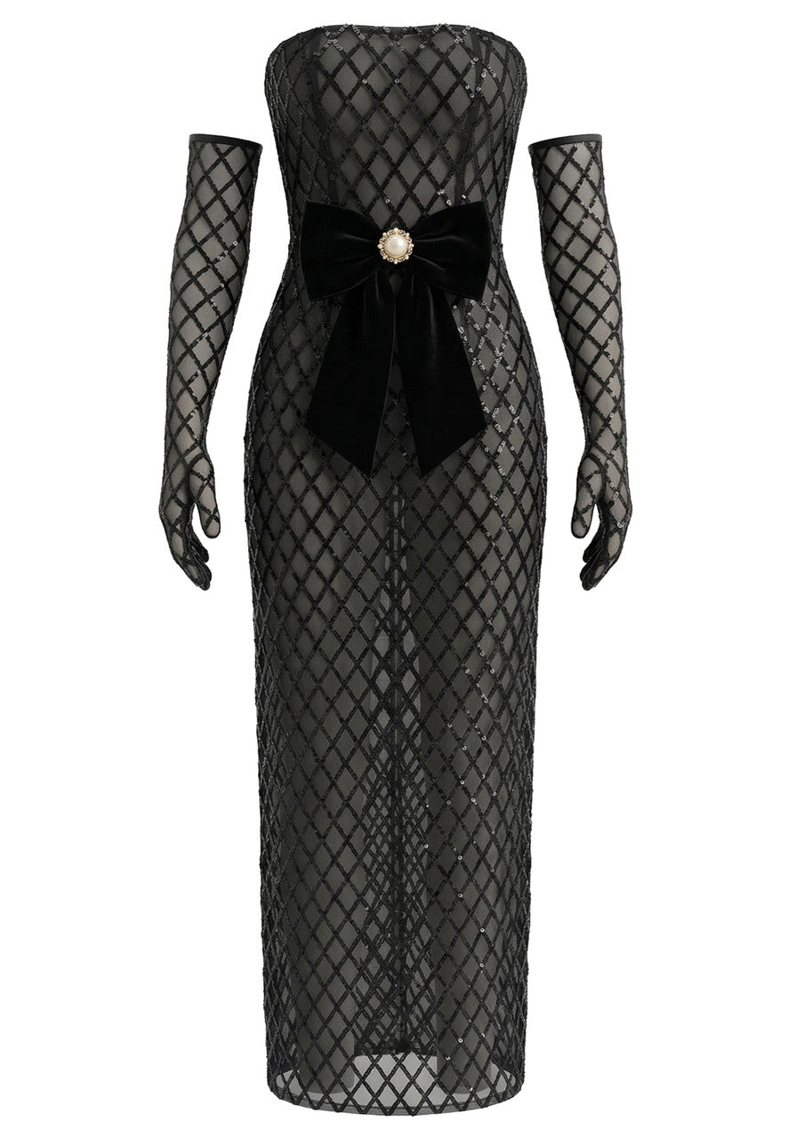 Strapless Bow Detail Sequin Maxi Dress Black