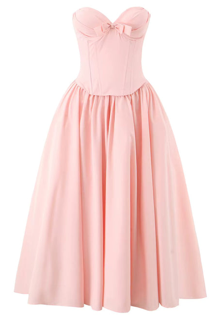 Strapless Bustier A Line Midi Dress Pink