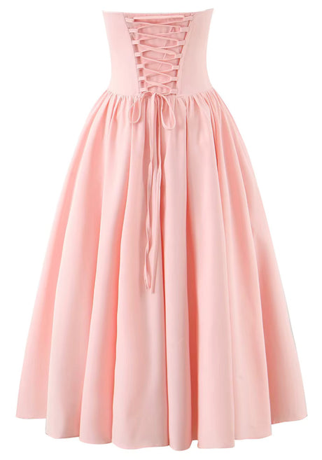 Strapless Bustier A Line Midi Dress Pink