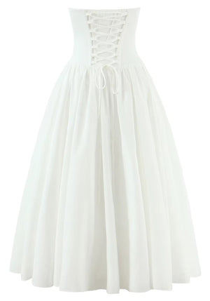 Strapless Bustier A Line Midi Dress White