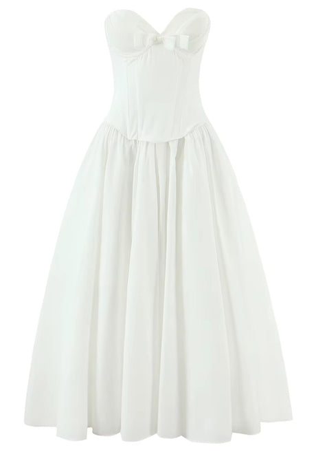 Strapless Bustier A Line Midi Dress White