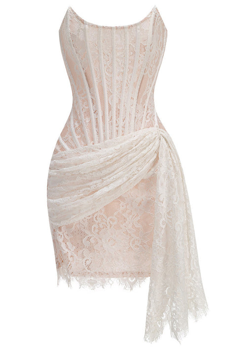 Strapless Corset Draped Lace Dress White