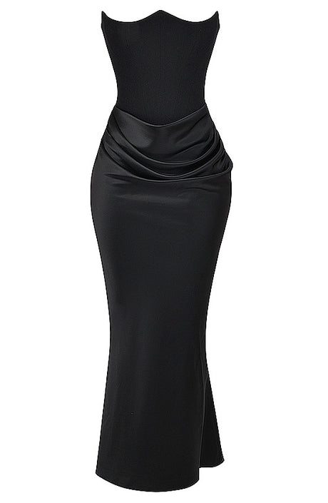 Strapless Corset Draped Maxi Dress Black