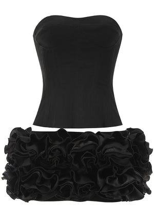 Strapless Corset Floral Ruffle Two Piece Dress Black