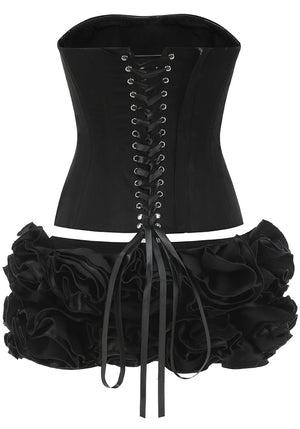 Strapless Corset Floral Ruffle Two Piece Dress Black