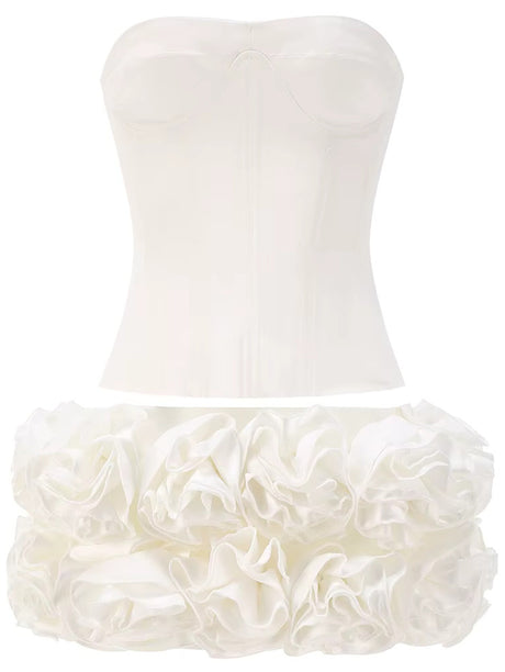 Strapless Corset Floral Ruffle Two Piece Dress White