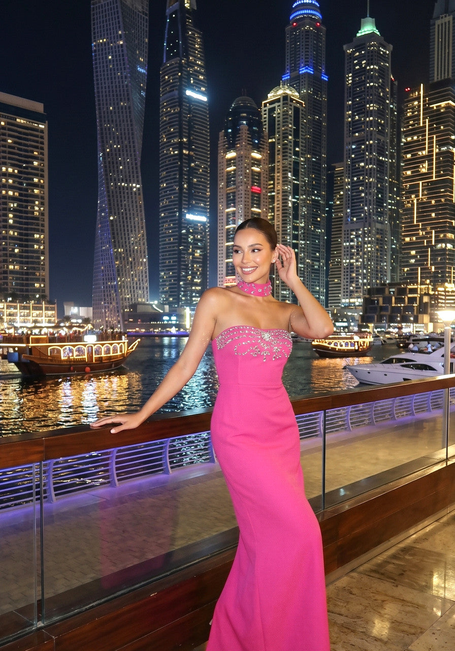 Strapless Crystal Choker Maxi Dress Hot Pink