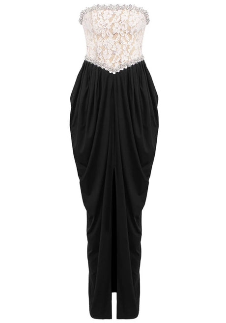 Strapless Crystal Lace Corset Maxi Dress Black White