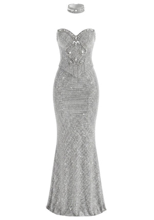 Strapless Crystal Choker Maxi Dress Silver