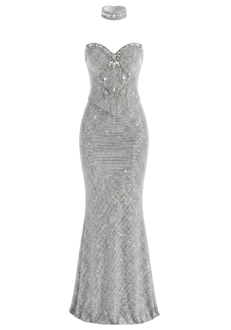 Strapless Crystal Choker Maxi Dress Silver
