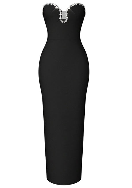 Strapless Crystal Neckline Midi Dress Black