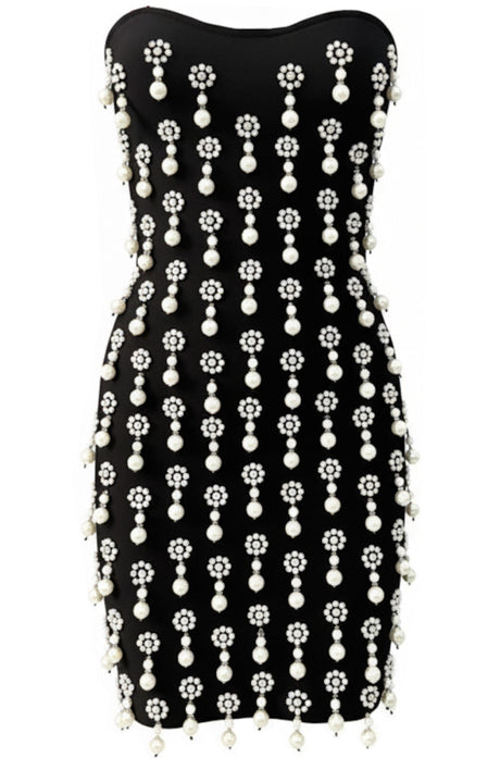 Strapless Crystal Pearl Embellished Dress Black
