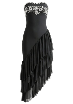 Strapless Crystal Ruffle Asymmetric Maxi Dress Black