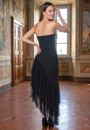Strapless Crystal Ruffle Asymmetric Maxi Dress Black