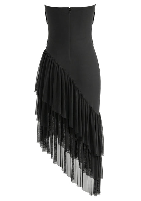 Strapless Crystal Ruffle Asymmetric Maxi Dress Black
