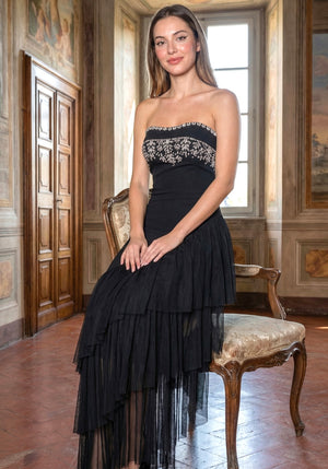 Strapless Crystal Ruffle Asymmetric Maxi Dress Black