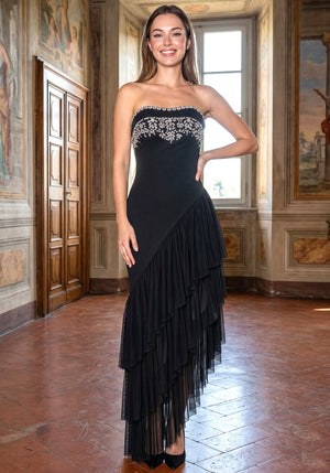 Strapless Crystal Ruffle Asymmetric Maxi Dress Black