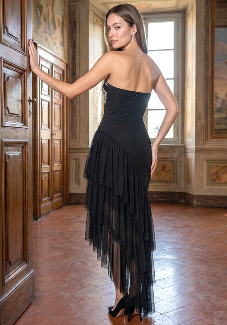 Strapless Crystal Ruffle Asymmetric Maxi Dress Black