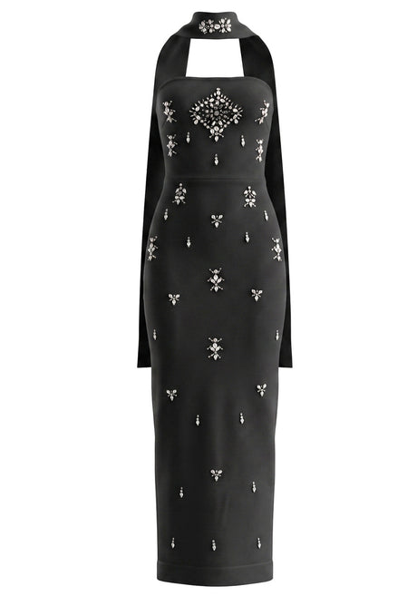 Strapless Crystal Scarf Maxi Dress Black