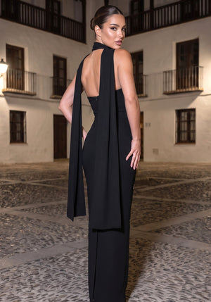 Strapless Crystal Scarf Maxi Dress Black