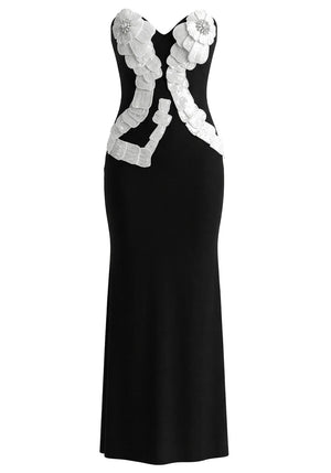 Strapless Crystal Sequin Floral Maxi Dress Black White