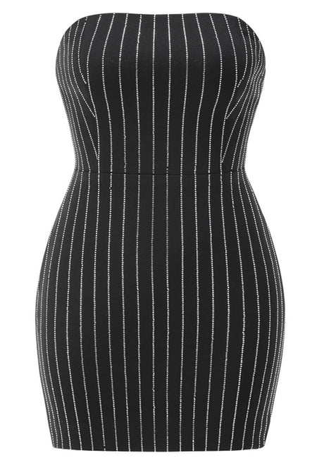 Strapless Crystal Stripes Dress Black