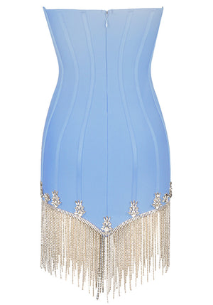 Strapless Crystal Tassel Dress Light Blue
