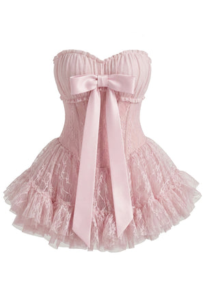 Strapless Draped Bustier Lace A Line Corset Dress Pink