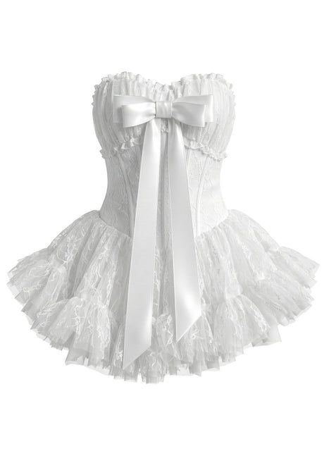 Strapless Draped Bustier Lace A Line Corset Dress White